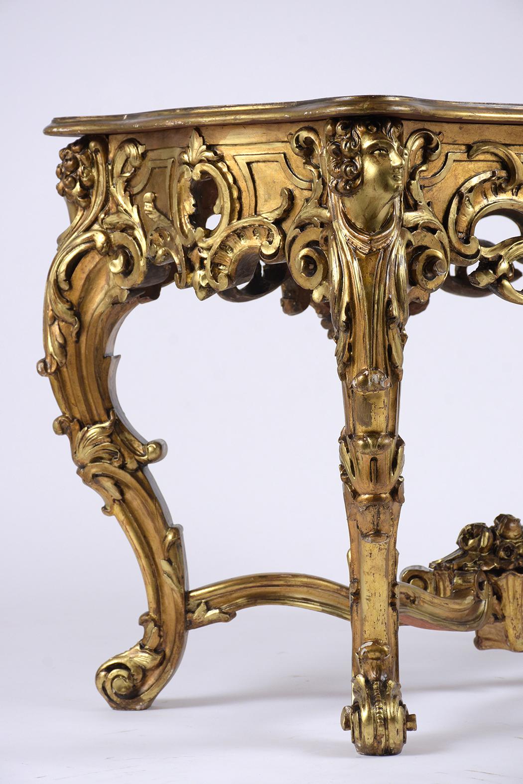 French Louis XV Giltwood Carved Center Table with Marble Top 5