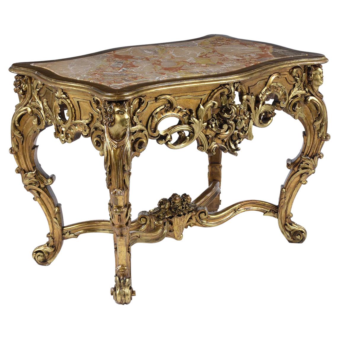 French Louis XV Giltwood Carved Center Table with Marble Top at 1stDibs