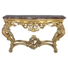 French Louis XV Giltwood Carved Walnut Marble Top Console Table Circa 1890s