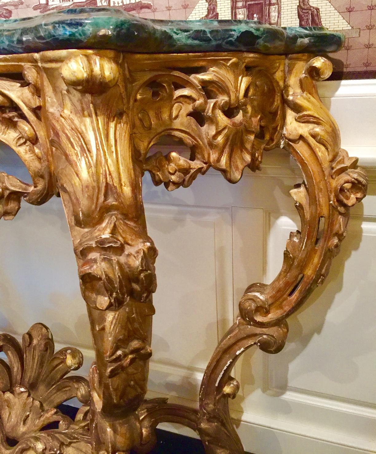 French Louis XV Giltwood Console, 18th Century, Green Marble Top 6