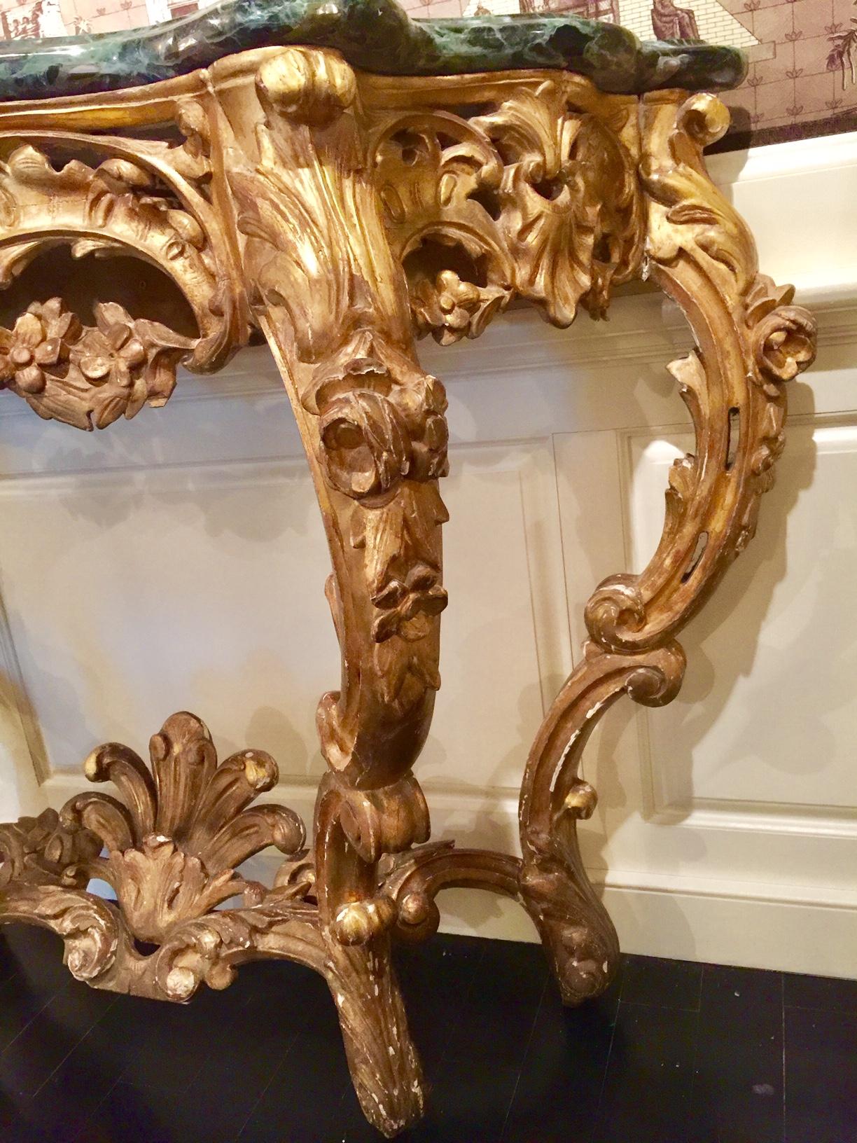 French Louis XV Giltwood Console, 18th Century, Green Marble Top 9