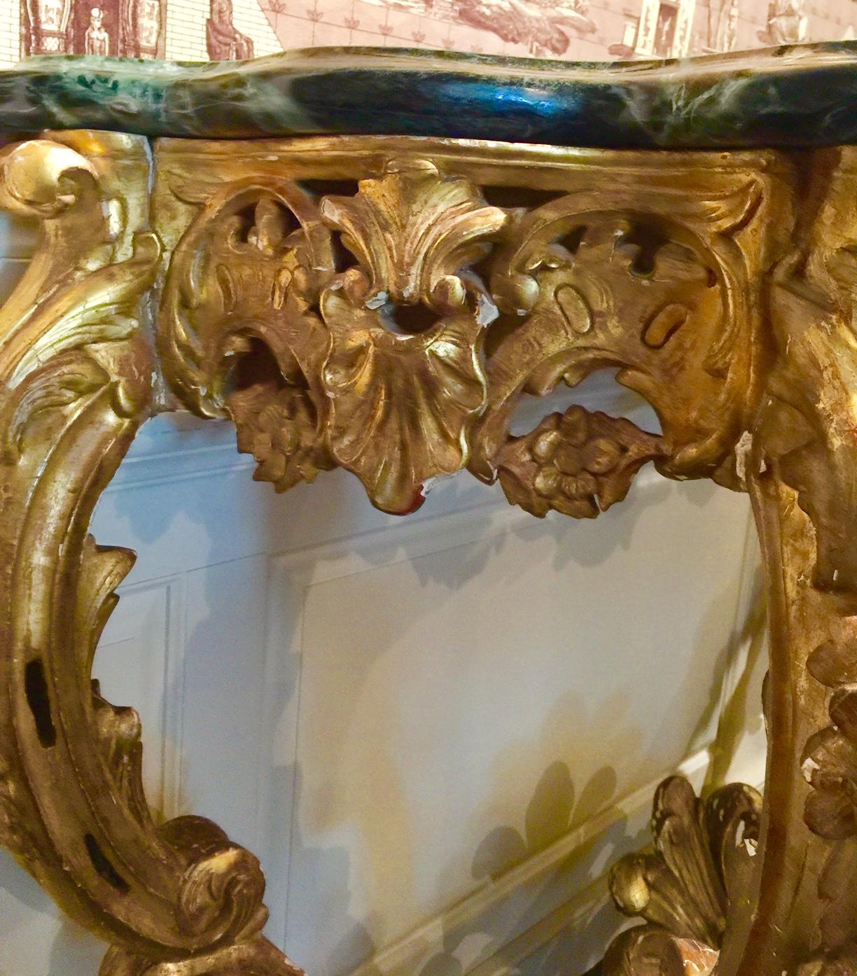 French Louis XV Giltwood Console, 18th Century, Green Marble Top 10