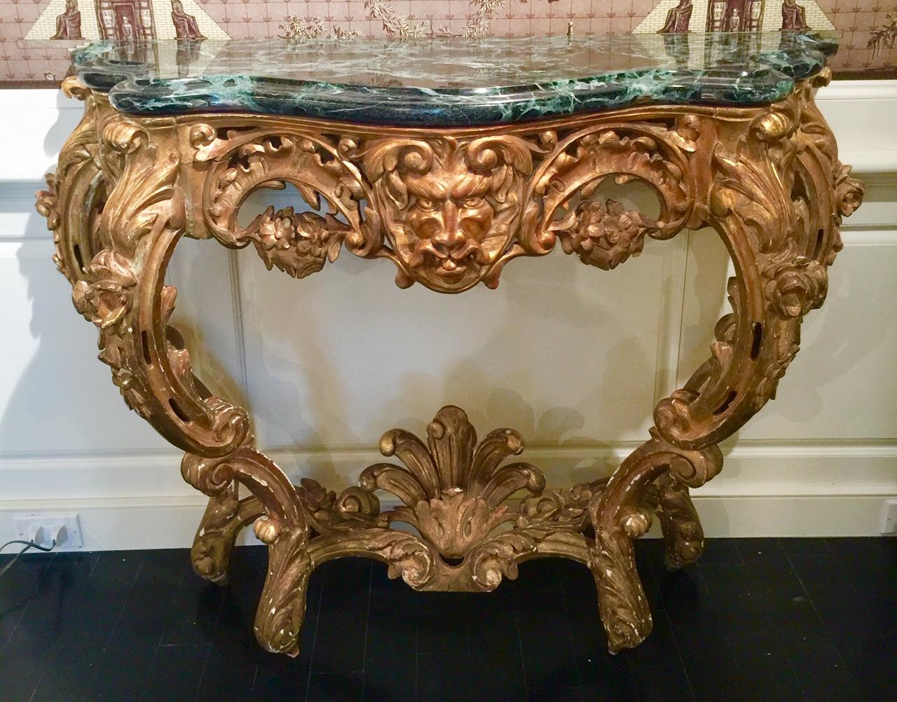 French Louis XV Giltwood Console, 18th Century, Green Marble Top 13
