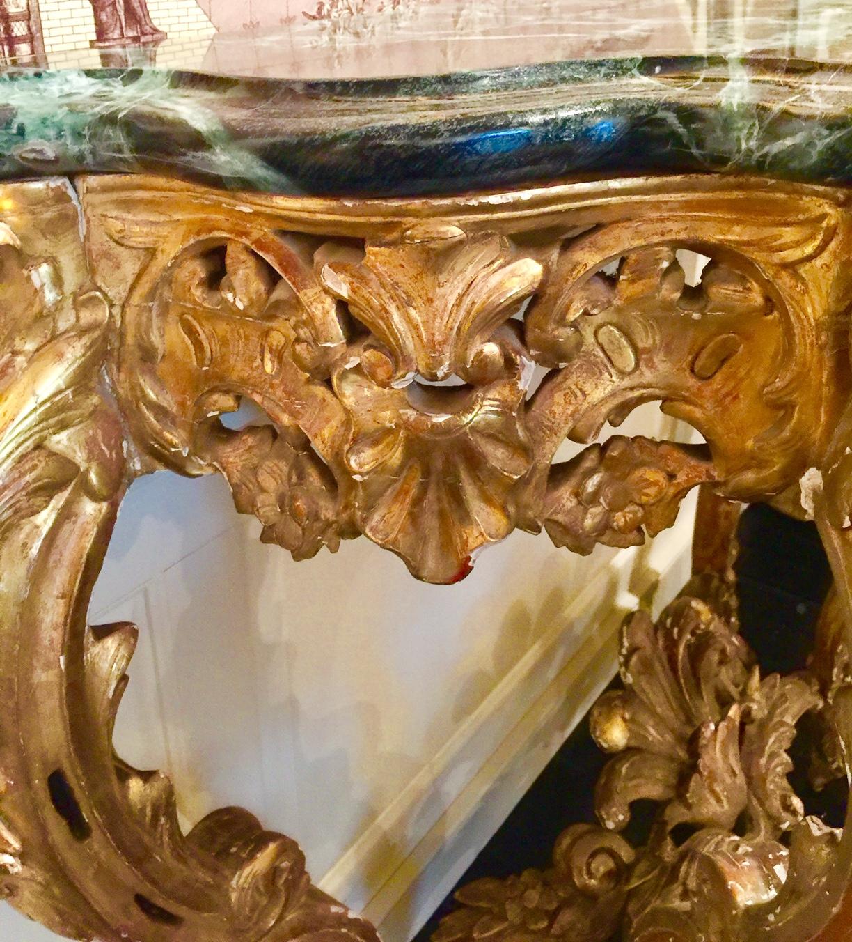 French Louis XV Giltwood Console, 18th Century, Green Marble Top 1