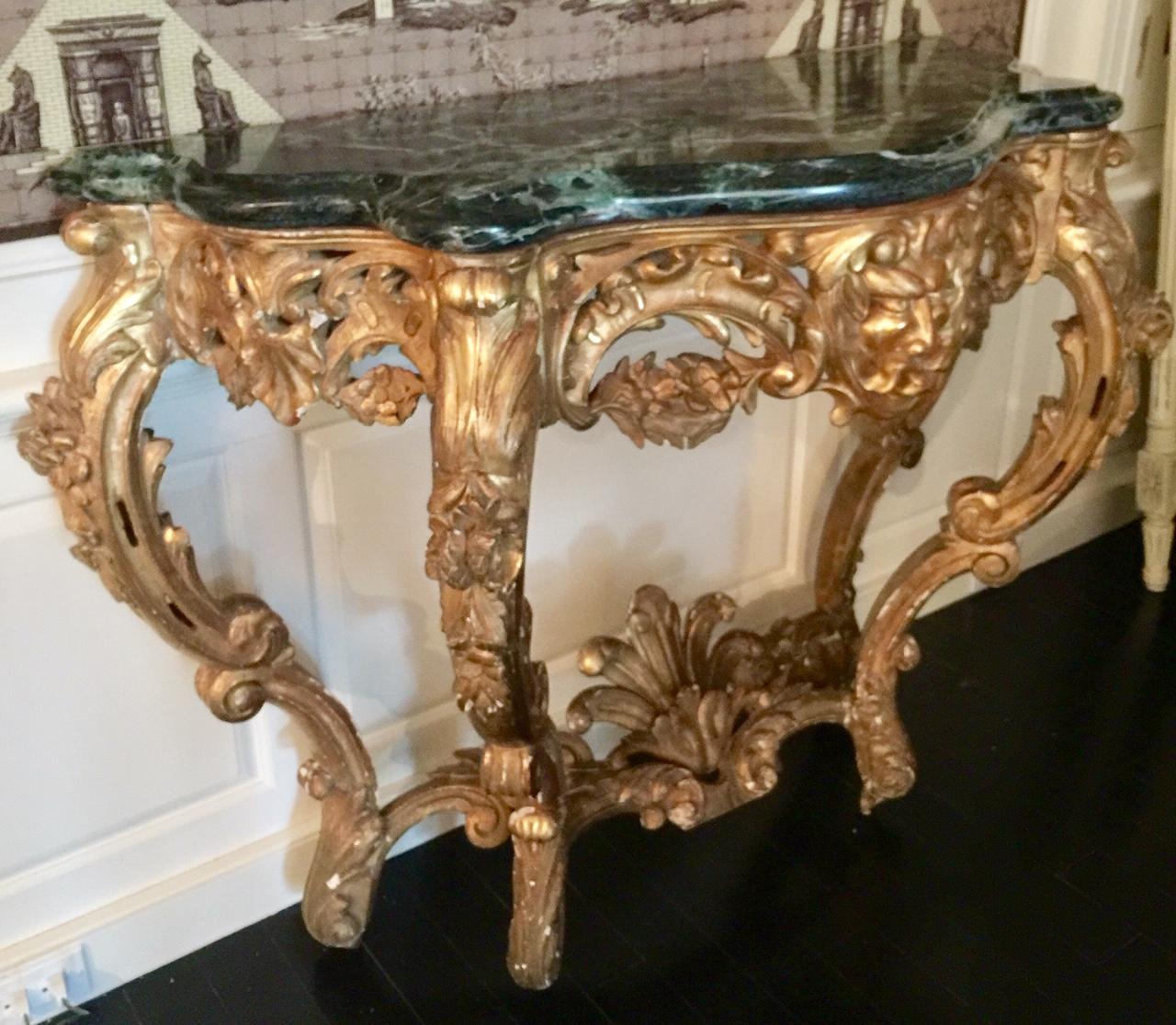 French Louis XV Giltwood Console, 18th Century, Green Marble Top 3