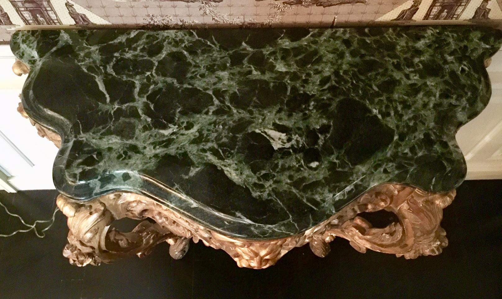 French Louis XV Giltwood Console, 18th Century, Green Marble Top 5