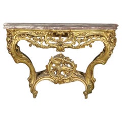 French Louis XV Giltwood Marble Top Wall Mounted Console Table C. 1870s