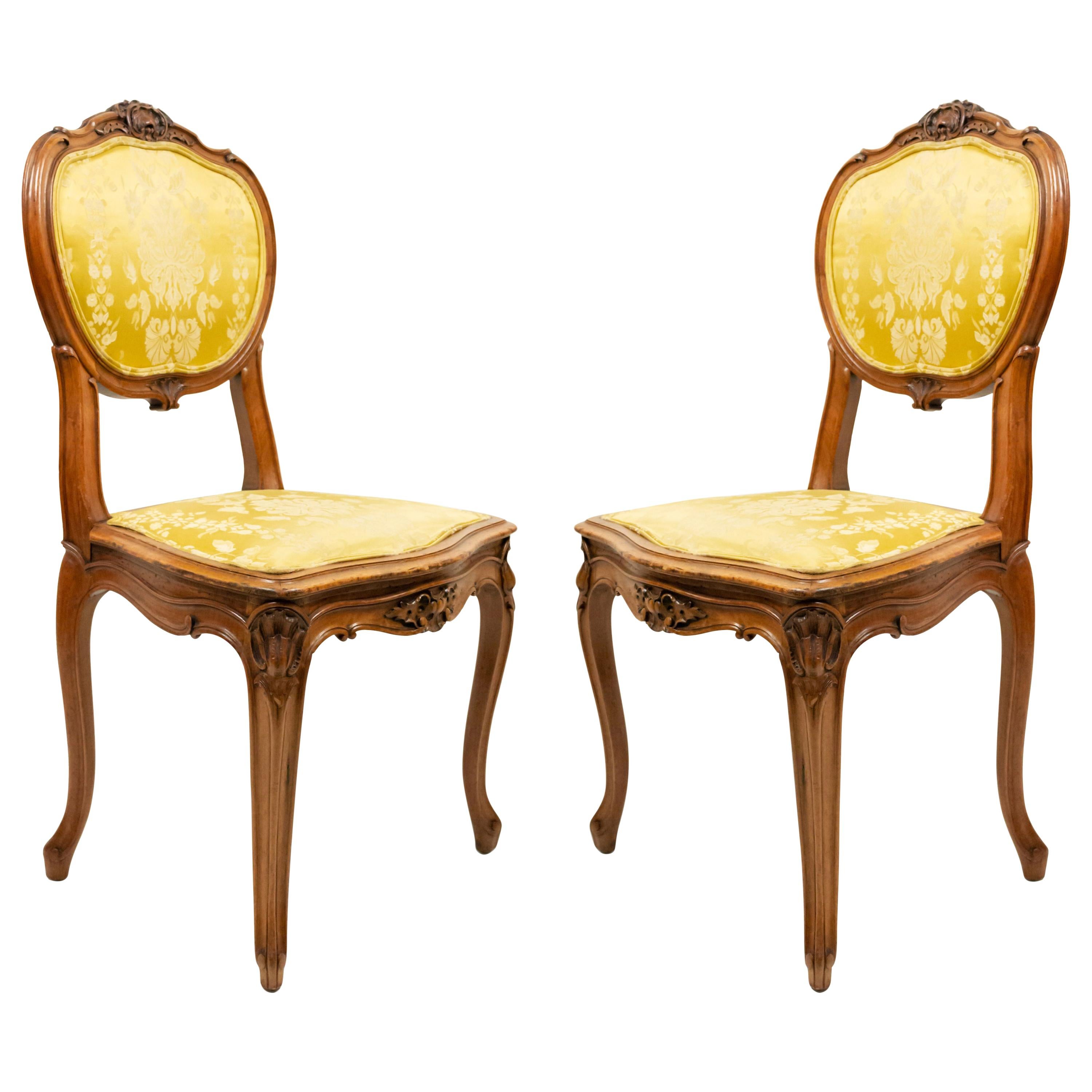 French Louis XV Gold Damask Side Chairs For Sale