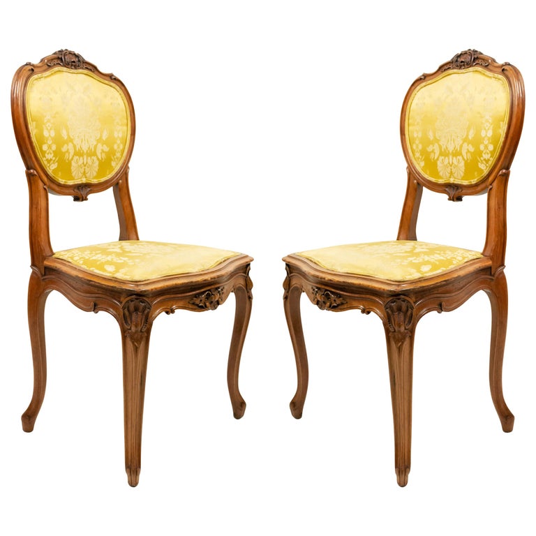 French Louis XV Gold Damask Side Chairs For Sale