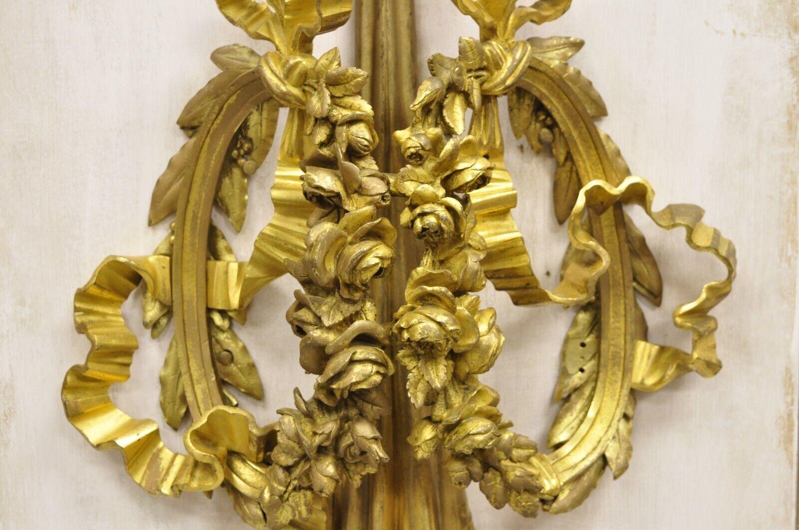 French Louis XV Gold Gilt Bronze Ribbon Drape Large Wall Plaque Sconces - a Pair For Sale 7