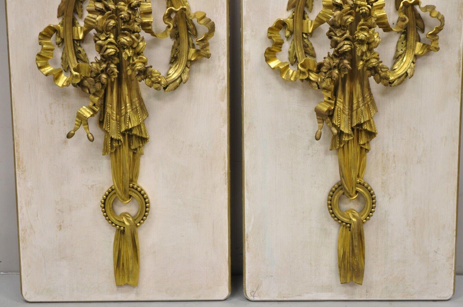 French Louis XV Gold Gilt Bronze Ribbon Drape Large Wall Plaque Sconces - a Pair For Sale 8