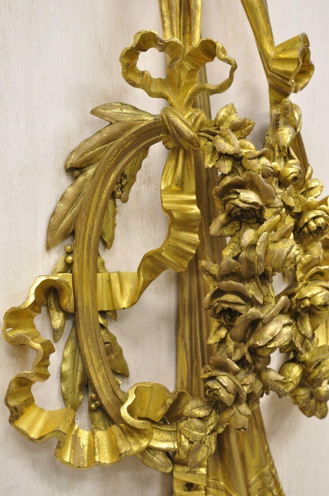 French Louis XV Gold Gilt Bronze Ribbon Drape Large Wall Plaque Sconces - a Pair For Sale 9