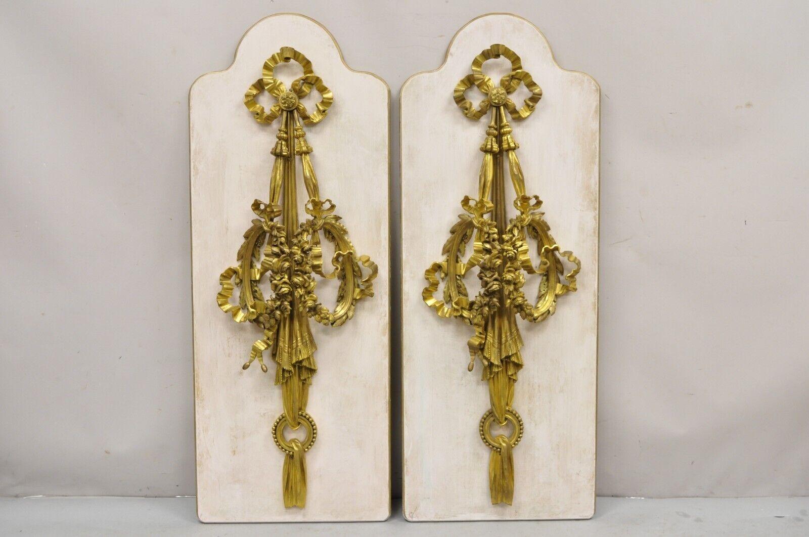 French Louis XV Gold Gilt Bronze Ribbon Drape Large Wall Plaque Sconces - a Pair For Sale 12