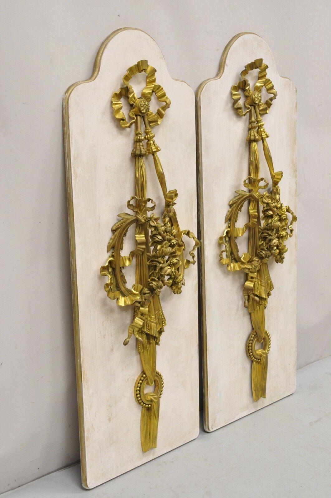 Antique French Louis XV Style Gold Gilt Bronze Ribbon & Drape Ormolu Large Wall Plaque Sconces - a Pair. Item features stunning gold gilt bronze ormolu, mounted on custom distress painted wooden wall plaques, sconces are decorative elements and are