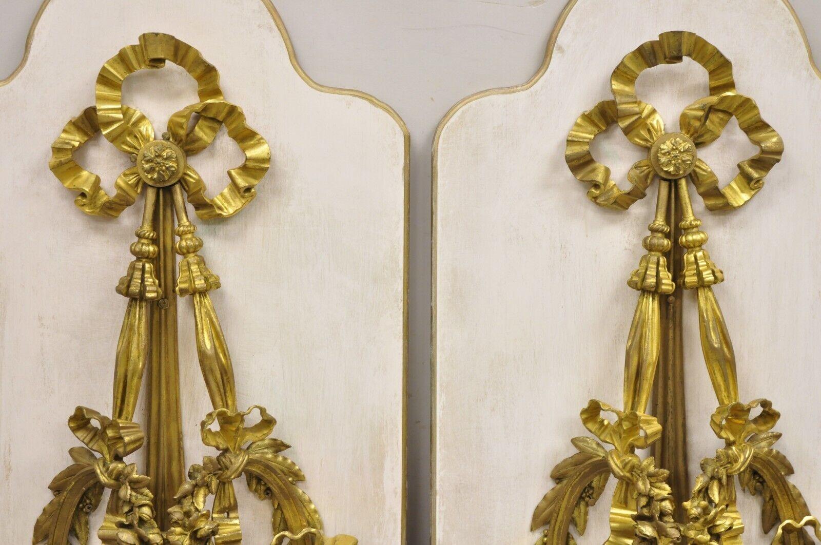 French Louis XV Gold Gilt Bronze Ribbon Drape Large Wall Plaque Sconces - a Pair In Good Condition For Sale In Philadelphia, PA