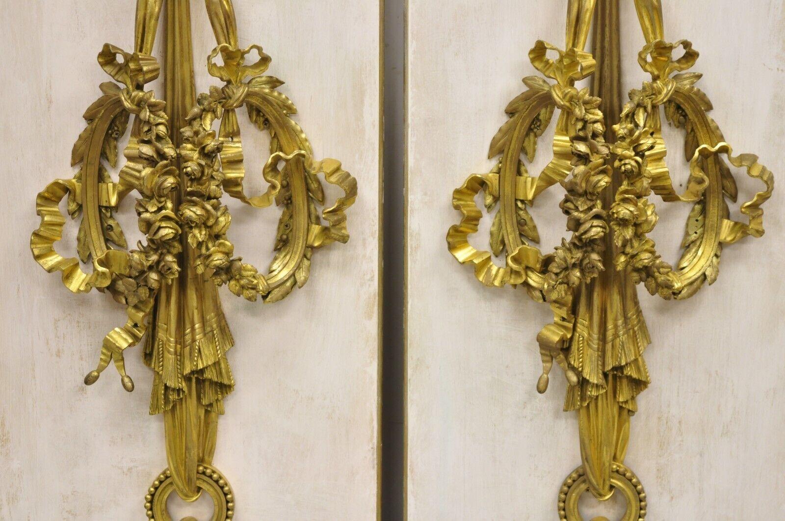 19th Century French Louis XV Gold Gilt Bronze Ribbon Drape Large Wall Plaque Sconces - a Pair For Sale