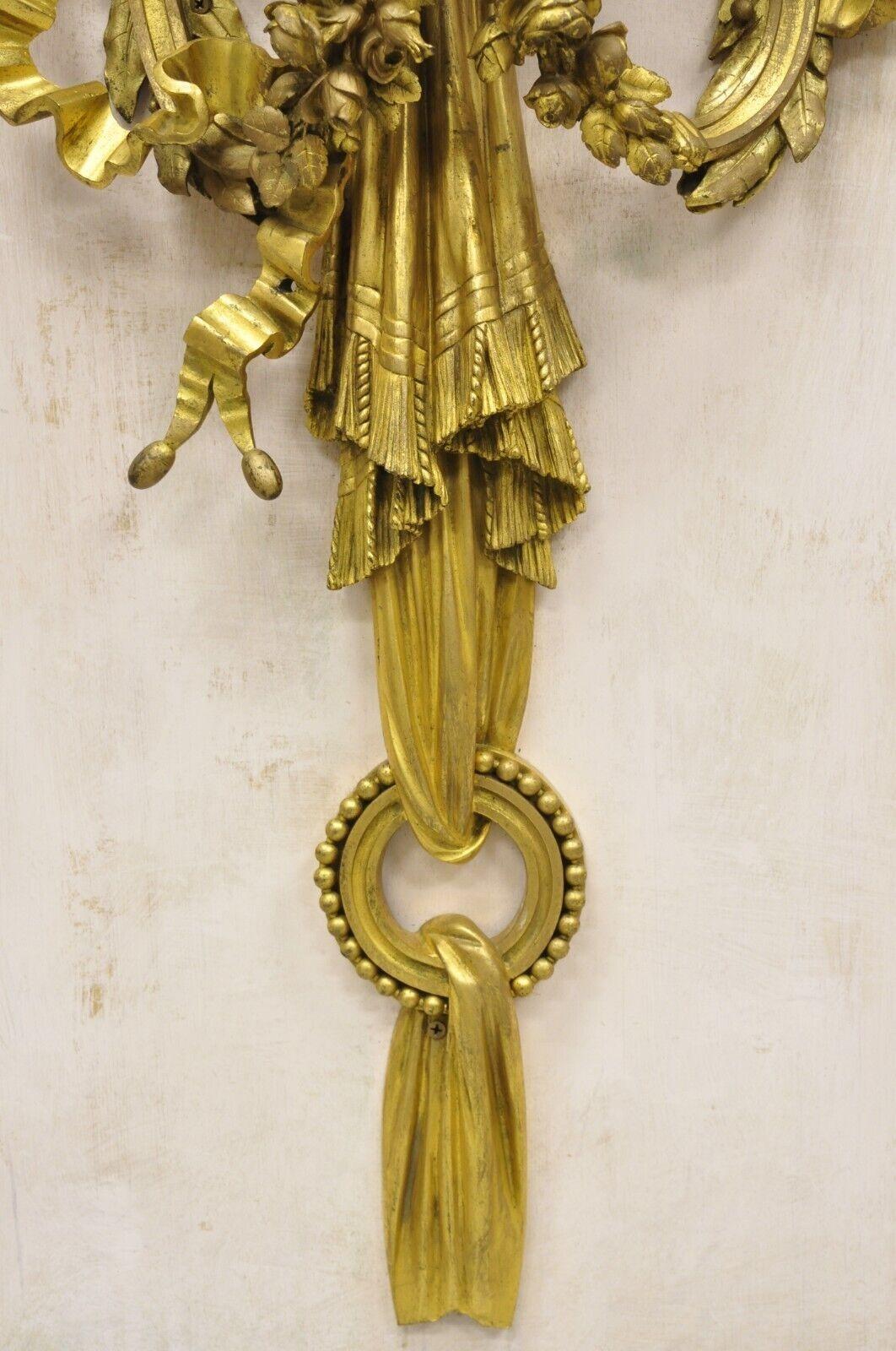 French Louis XV Gold Gilt Bronze Ribbon Drape Large Wall Plaque Sconces - a Pair For Sale 1