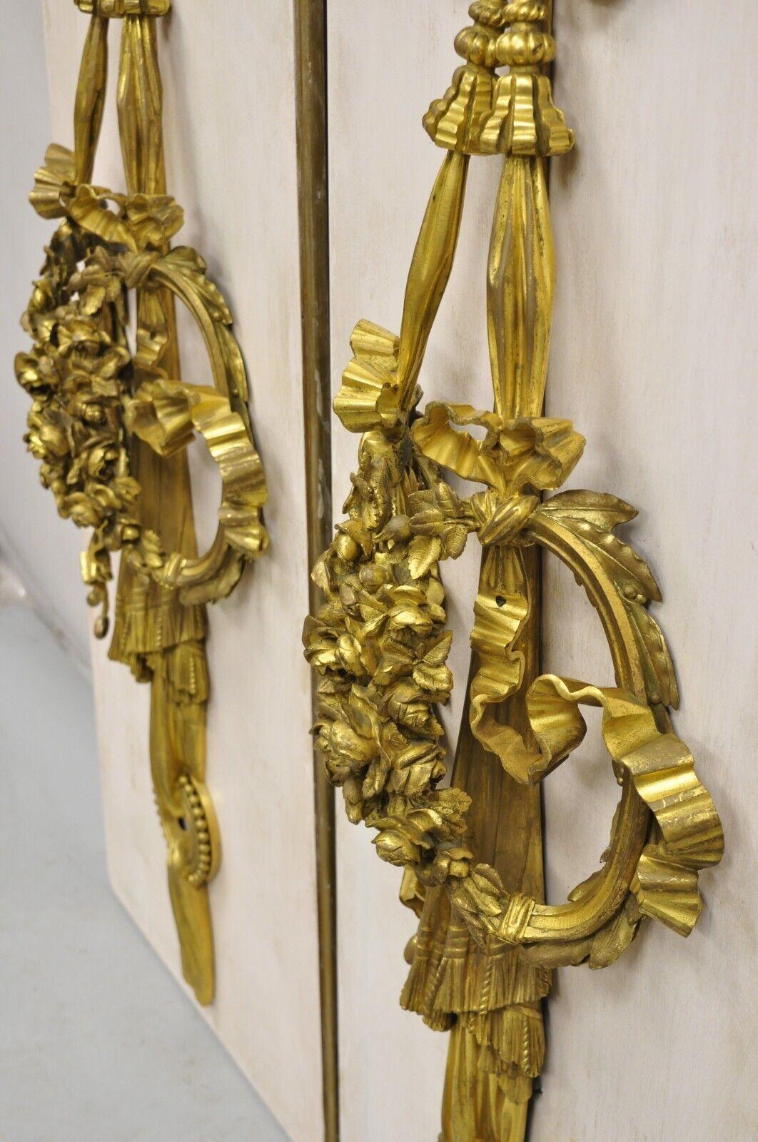 French Louis XV Gold Gilt Bronze Ribbon Drape Large Wall Plaque Sconces - a Pair For Sale 2