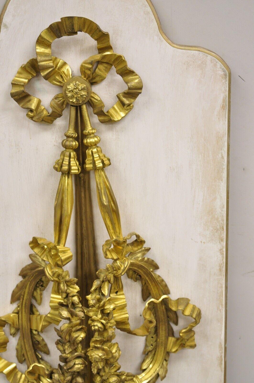 French Louis XV Gold Gilt Bronze Ribbon Drape Large Wall Plaque Sconces - a Pair For Sale 3