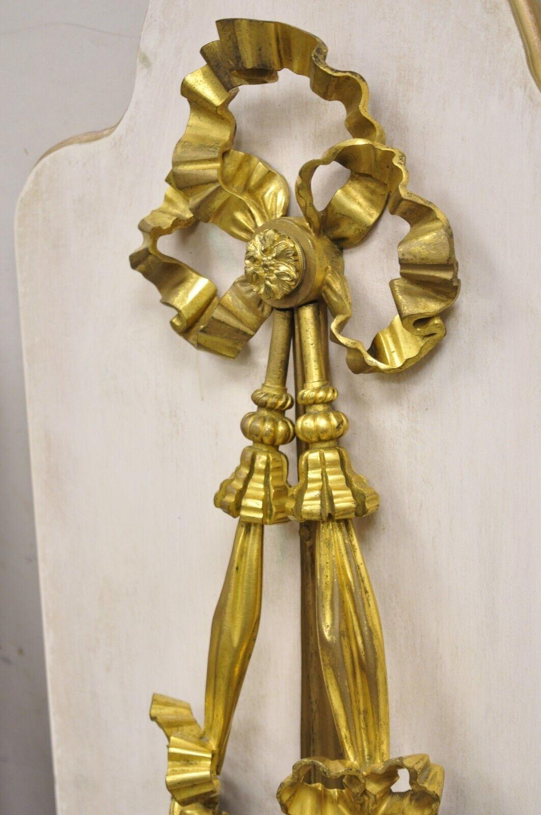 French Louis XV Gold Gilt Bronze Ribbon Drape Large Wall Plaque Sconces - a Pair For Sale 5