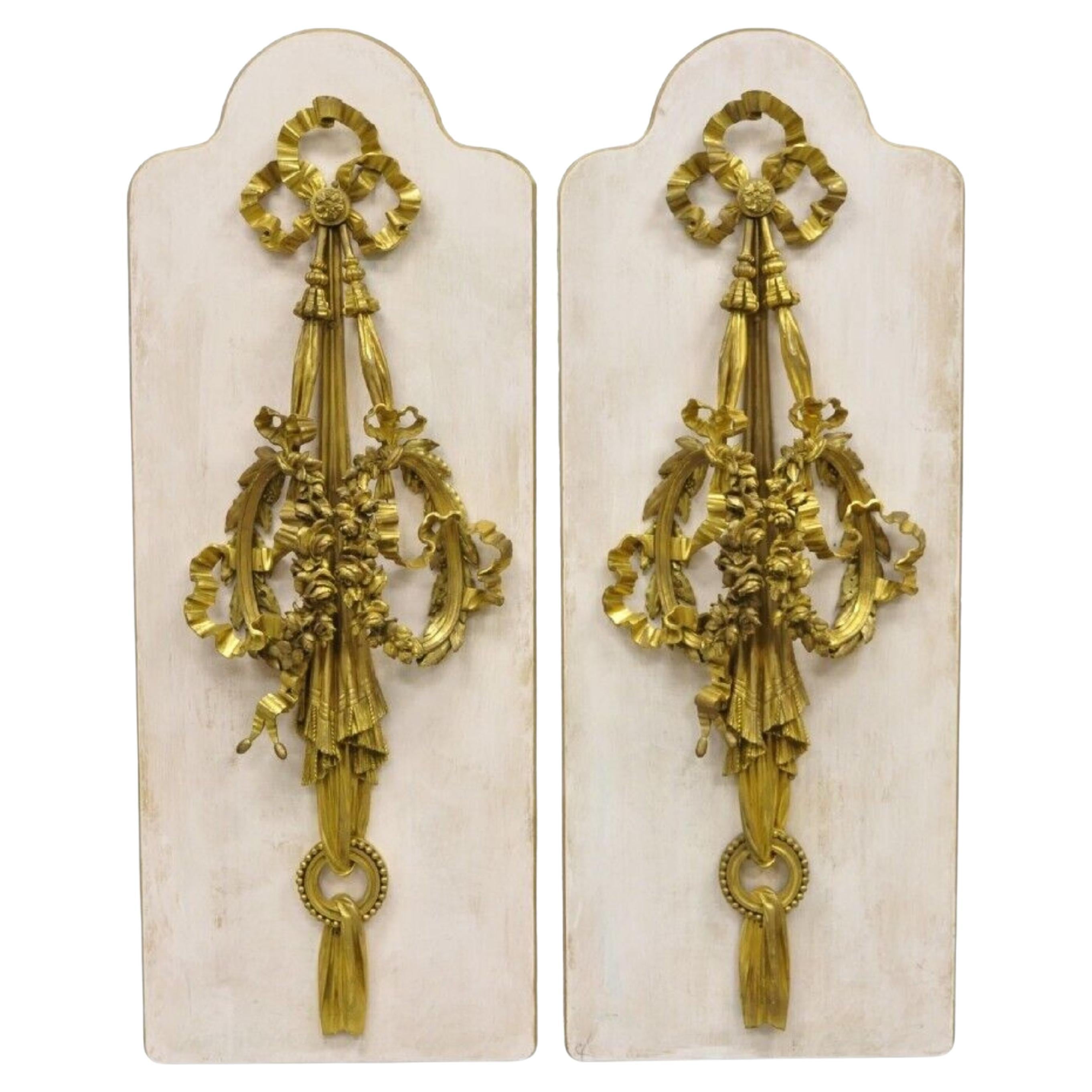 French Louis XV Gold Gilt Bronze Ribbon Drape Large Wall Plaque Sconces - a Pair For Sale