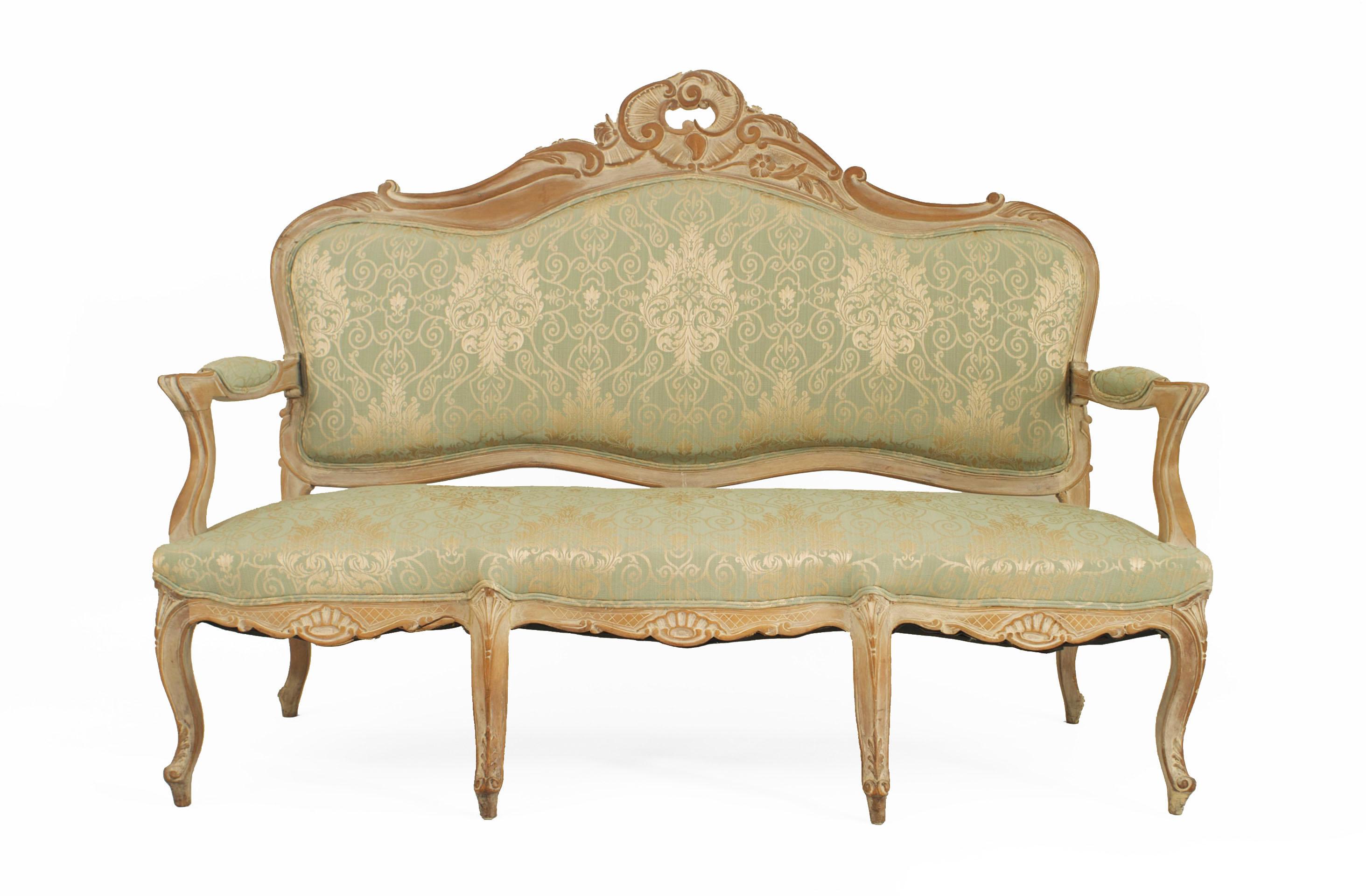 Set of 5 French Louis XV-style (19/20th Cent) bleached high-back salon / living room set with green damask upholstery. 2 arms: 27