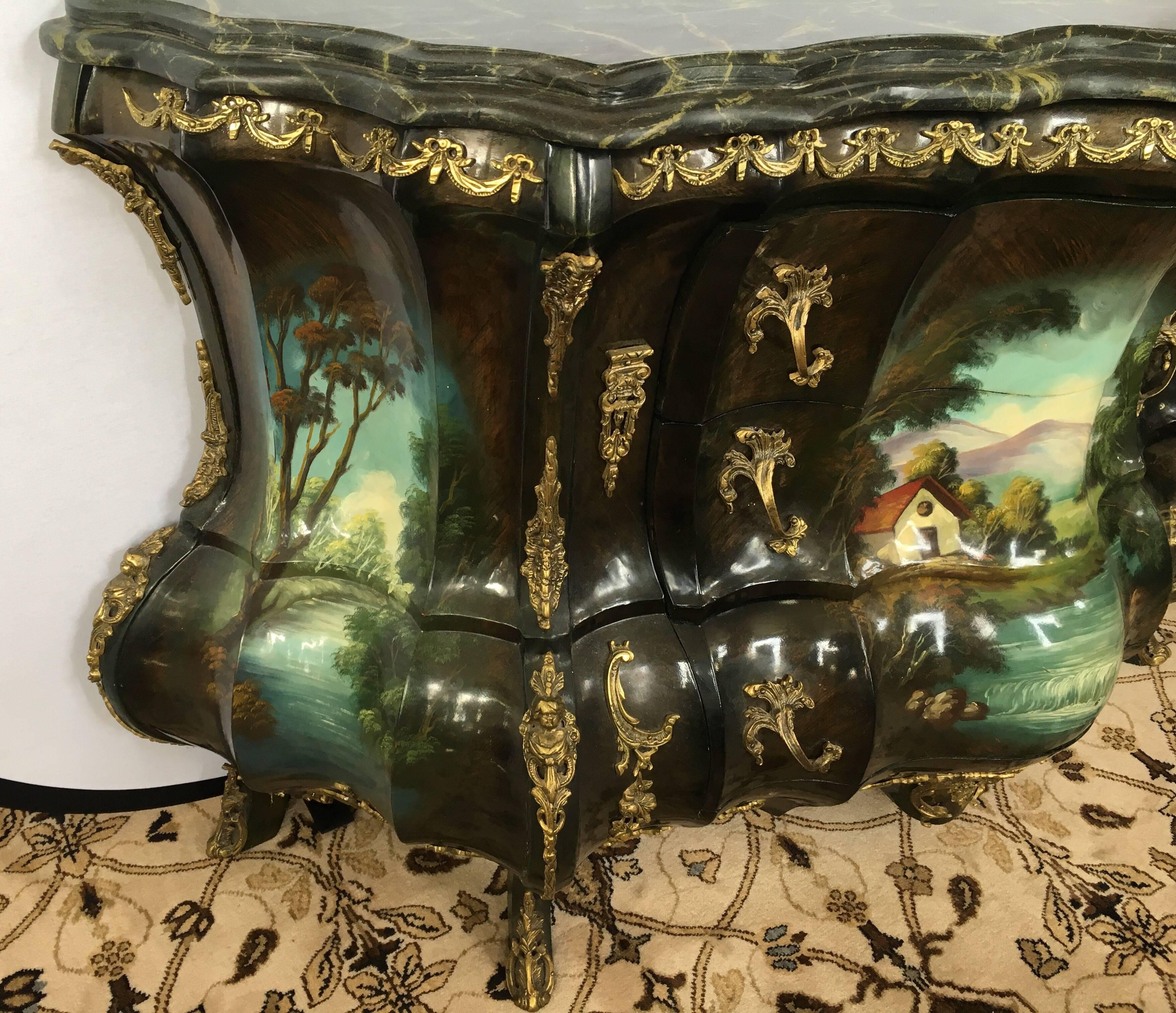 20th Century French Louis XV Hand-Painted Marble Bombe Chest Commode Dresser Bronze Mounts 