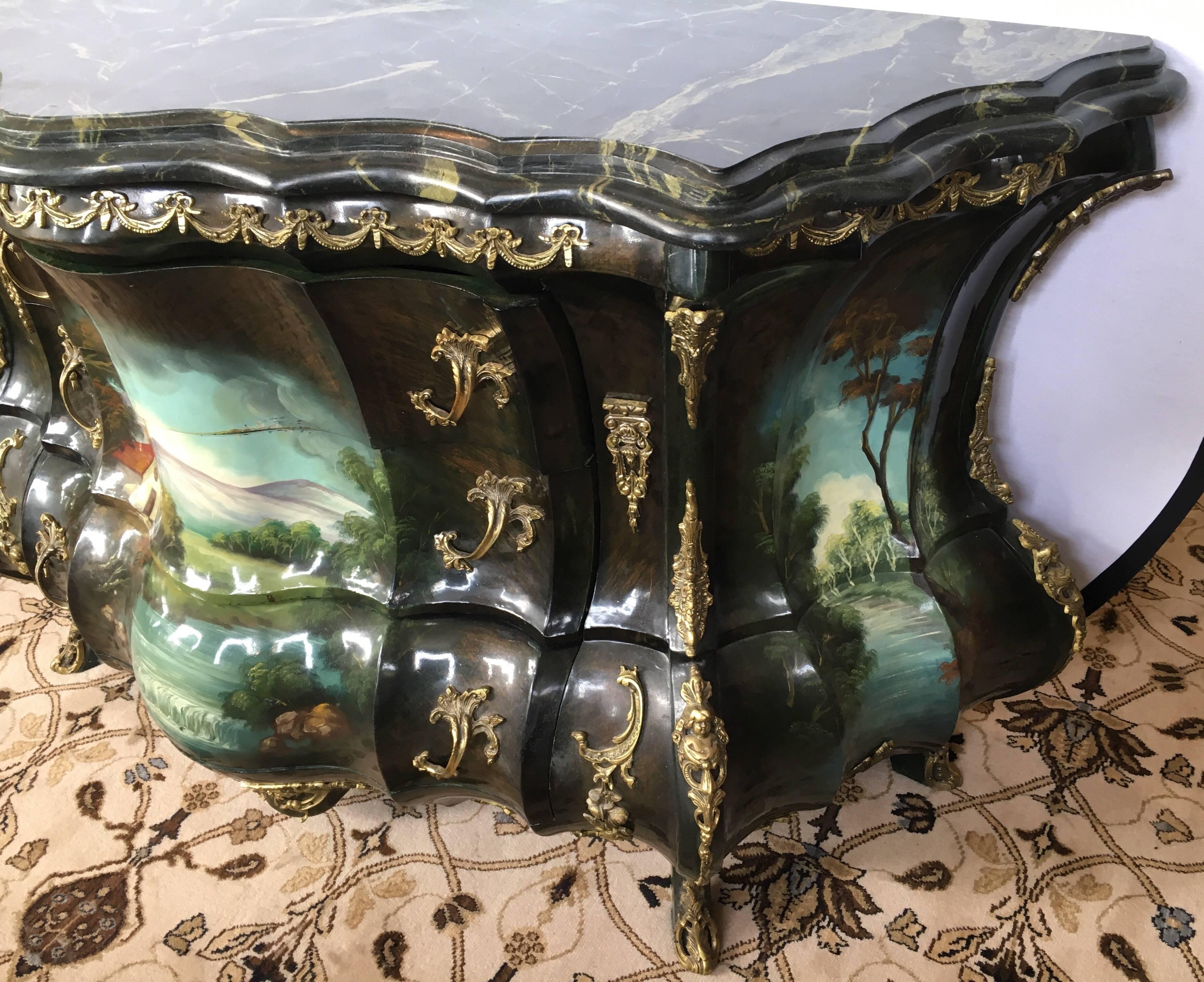 Wood French Louis XV Hand-Painted Marble Bombe Chest Commode Dresser Bronze Mounts 