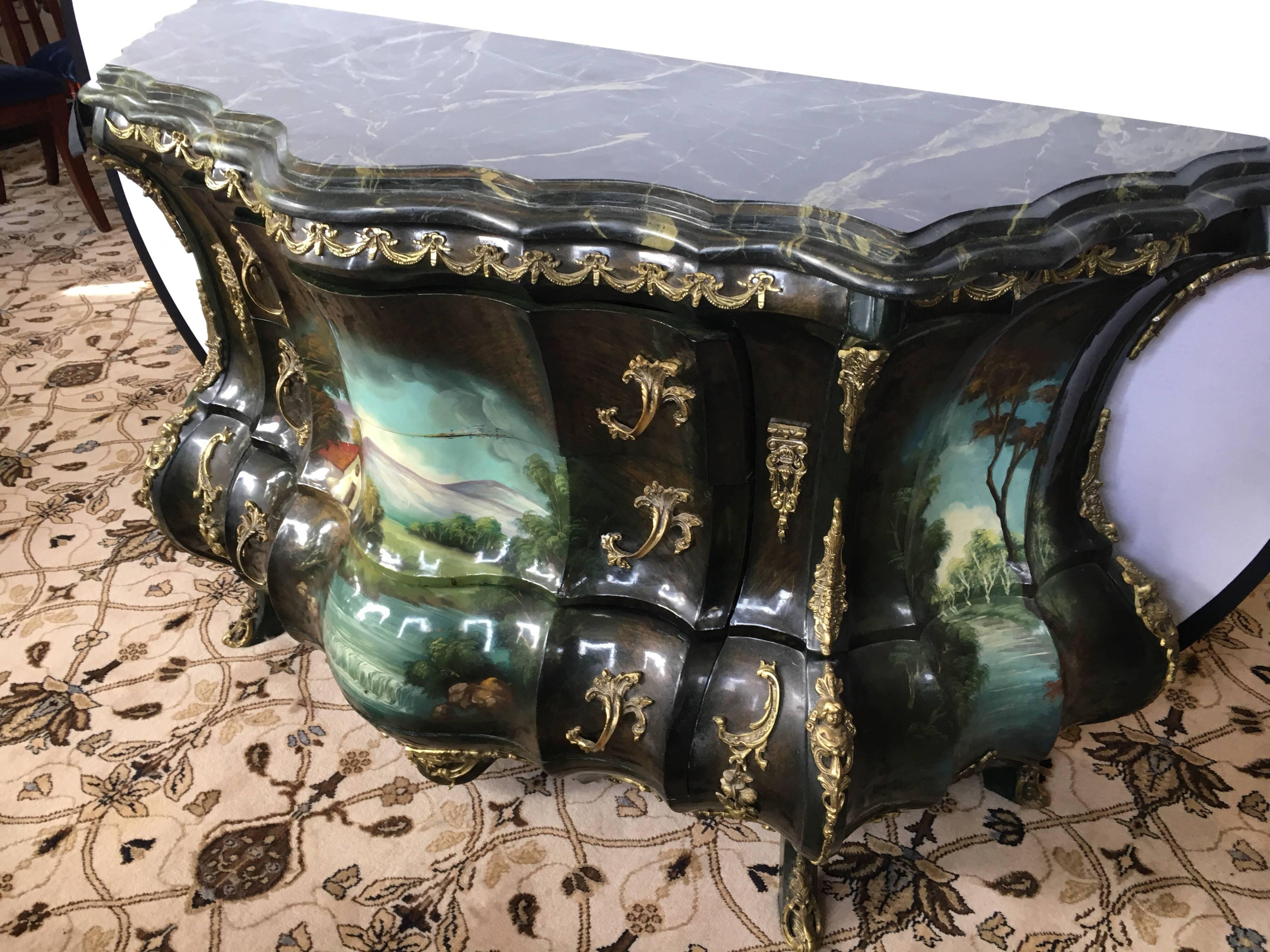 French Louis XV Hand-Painted Marble Bombe Chest Commode Dresser Bronze Mounts  1