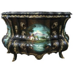 French Louis XV Hand-Painted Marble Bombe Chest Commode Dresser Bronze Mounts 