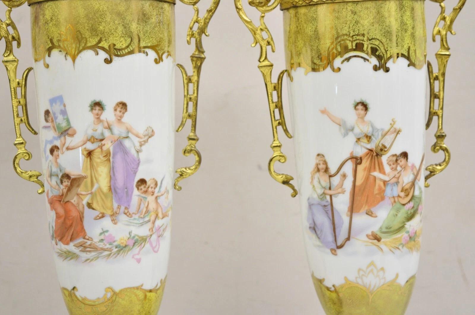 French Louis XV Hand Painted Porcelain Sevres Women Musicians Table Lamp - Pair In Good Condition For Sale In Philadelphia, PA