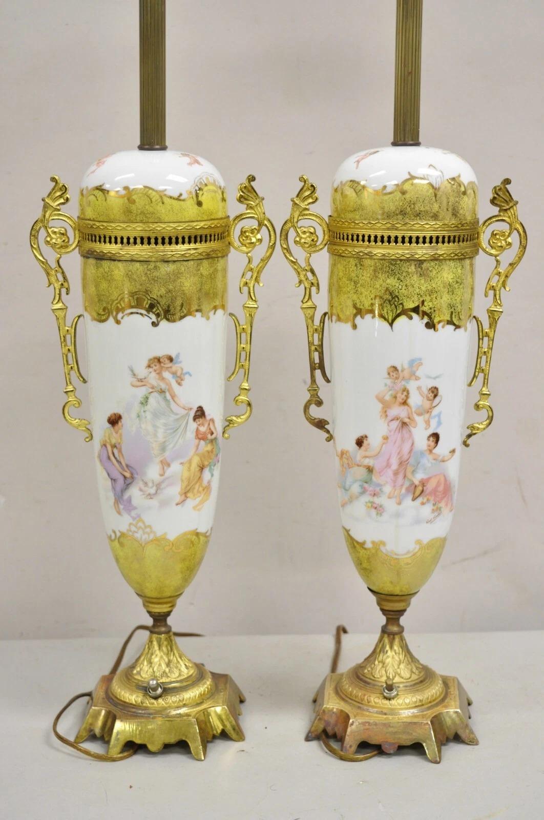 French Louis XV Hand Painted Porcelain Sevres Women Musicians Table Lamp - Pair For Sale 1