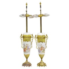 French Louis XV Hand Painted Porcelain Sevres Women Musicians Table Lamp - Pair
