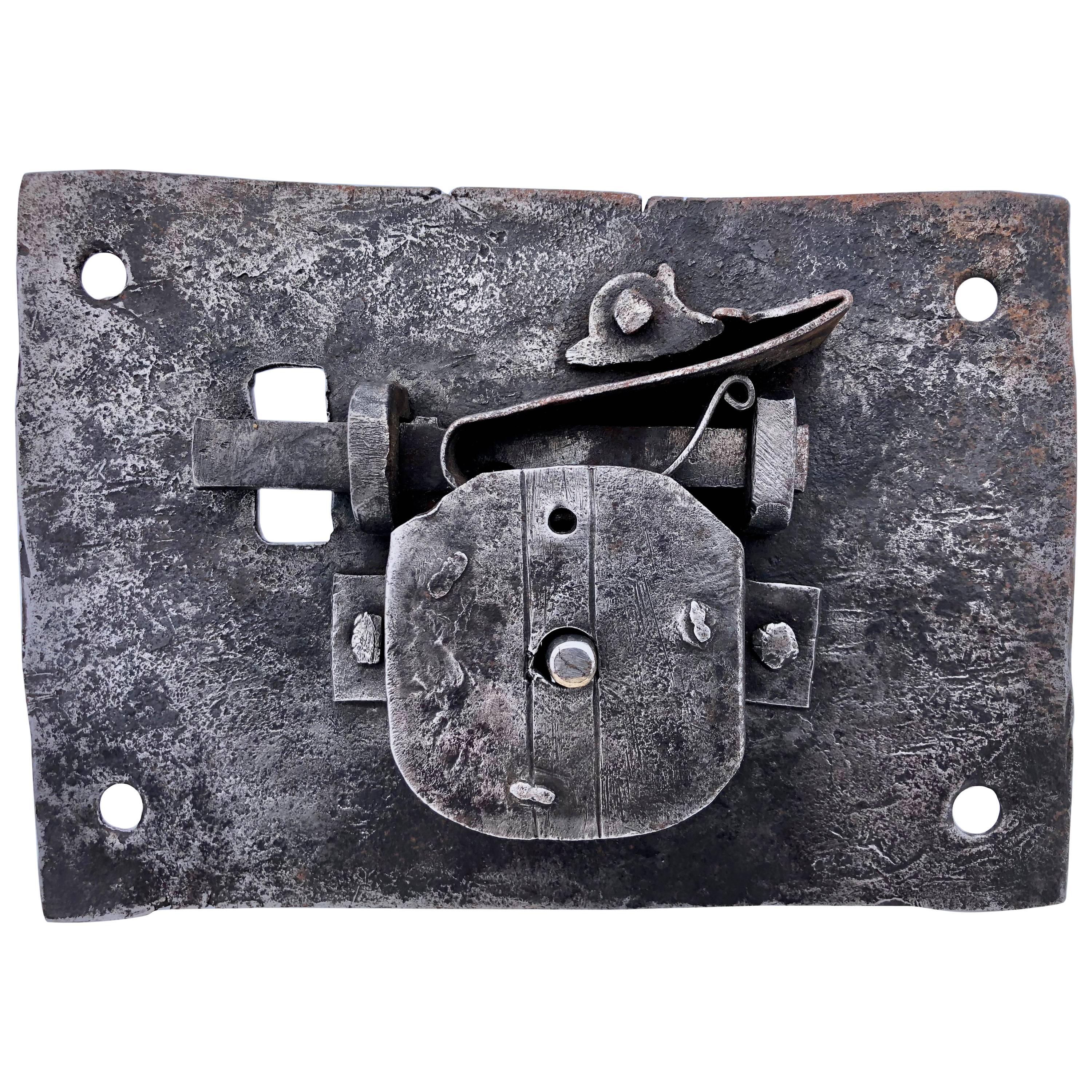 French Louis XV Hand-Wrought Iron Lock with Forged Key, Mortise Mount Deadbolt For Sale