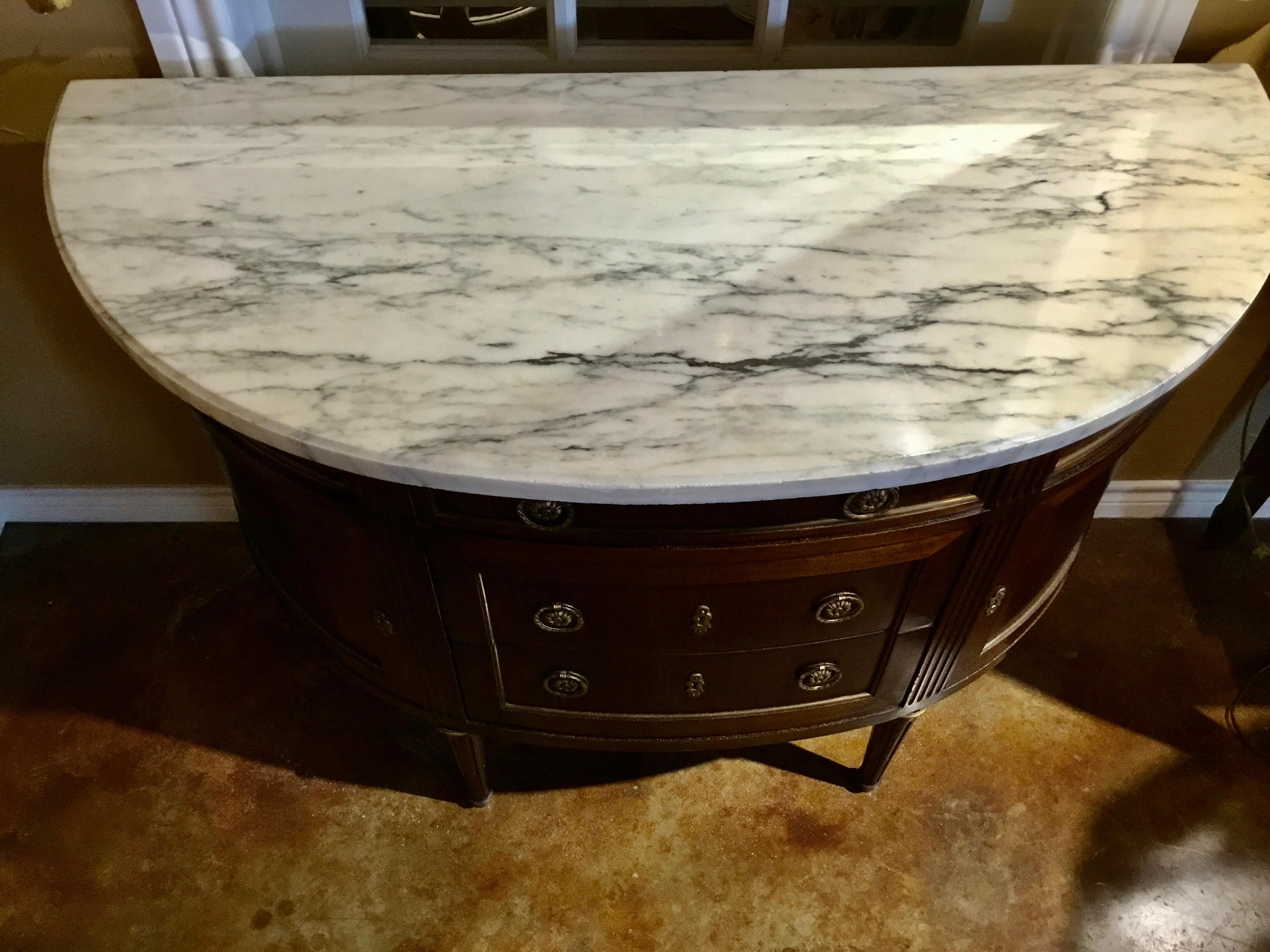 French Louis XVI Style White Marble Top Demilune Cabinet, Mahogany Case In Good Condition In Houston, TX