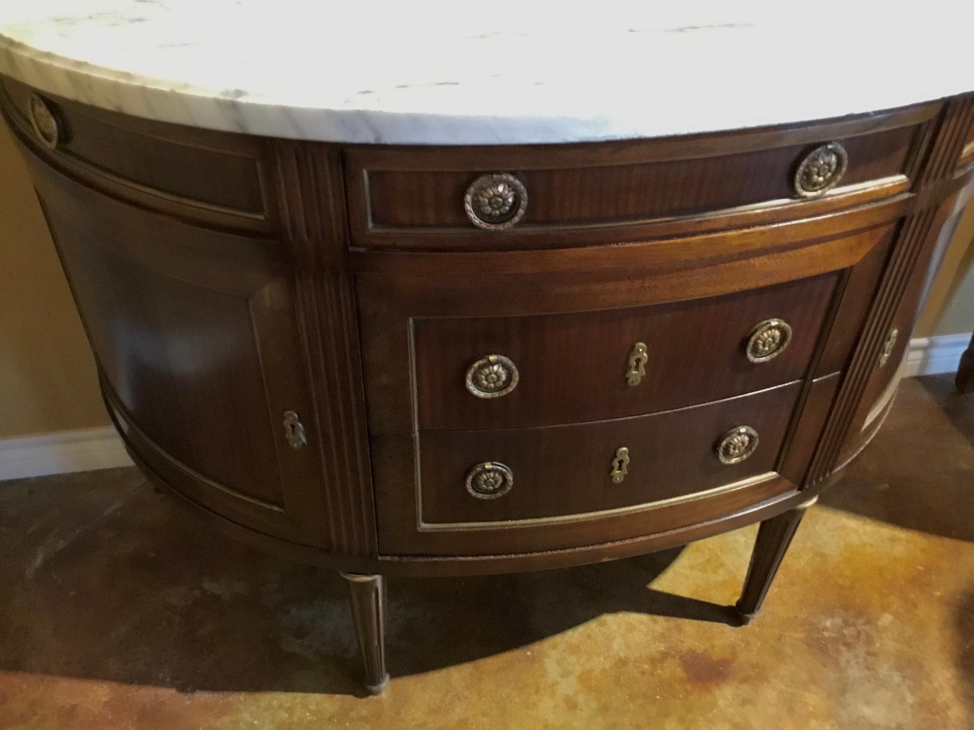 20th Century French Louis XVI Style White Marble Top Demilune Cabinet, Mahogany Case