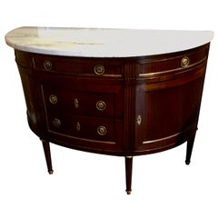 French Louis XVI Style White Marble Top Demilune Cabinet, Mahogany Case