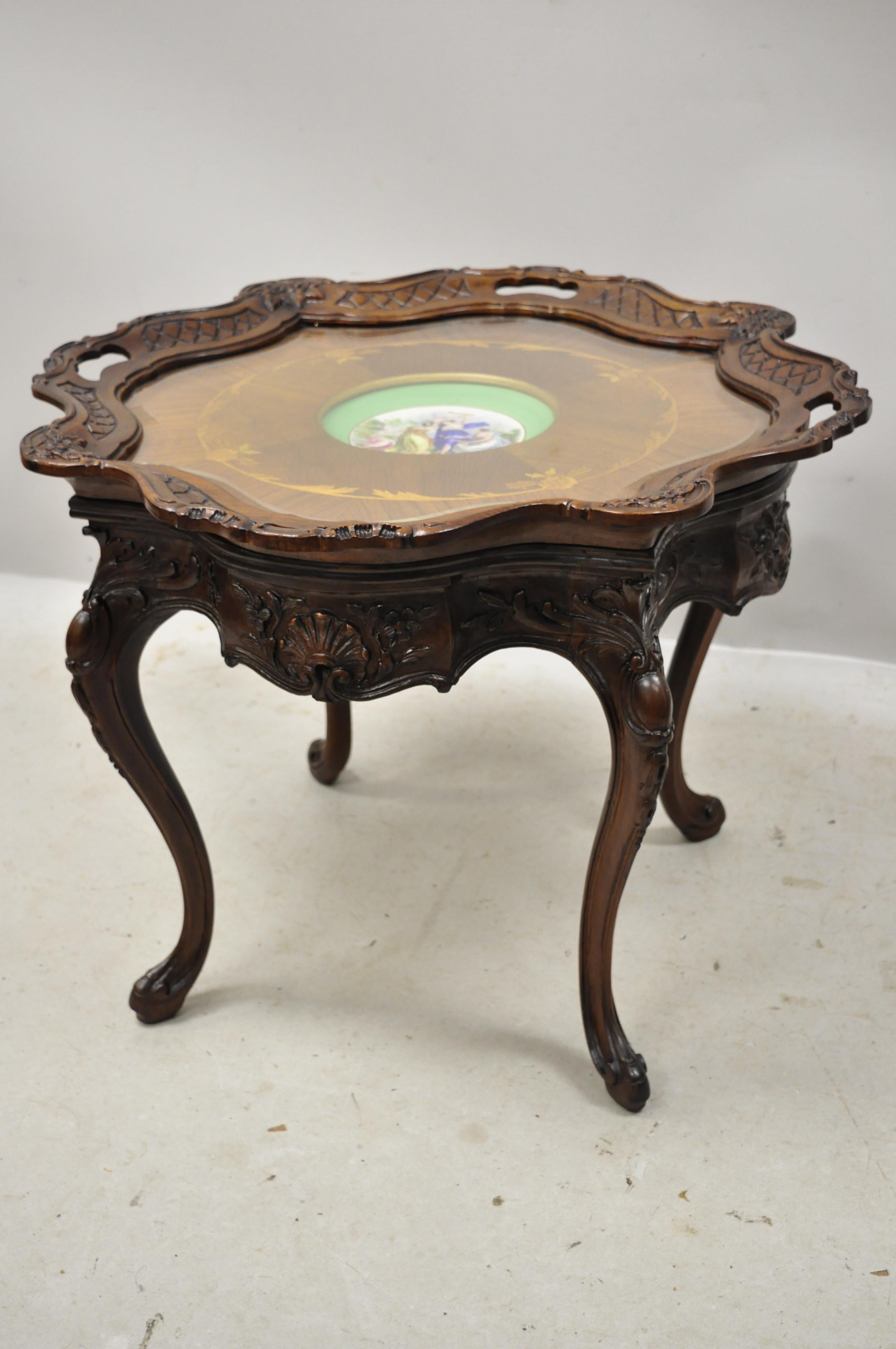 French Louis XV Inlaid Coffee Table with French Angelica Kauffman Porcelain Dish For Sale 5