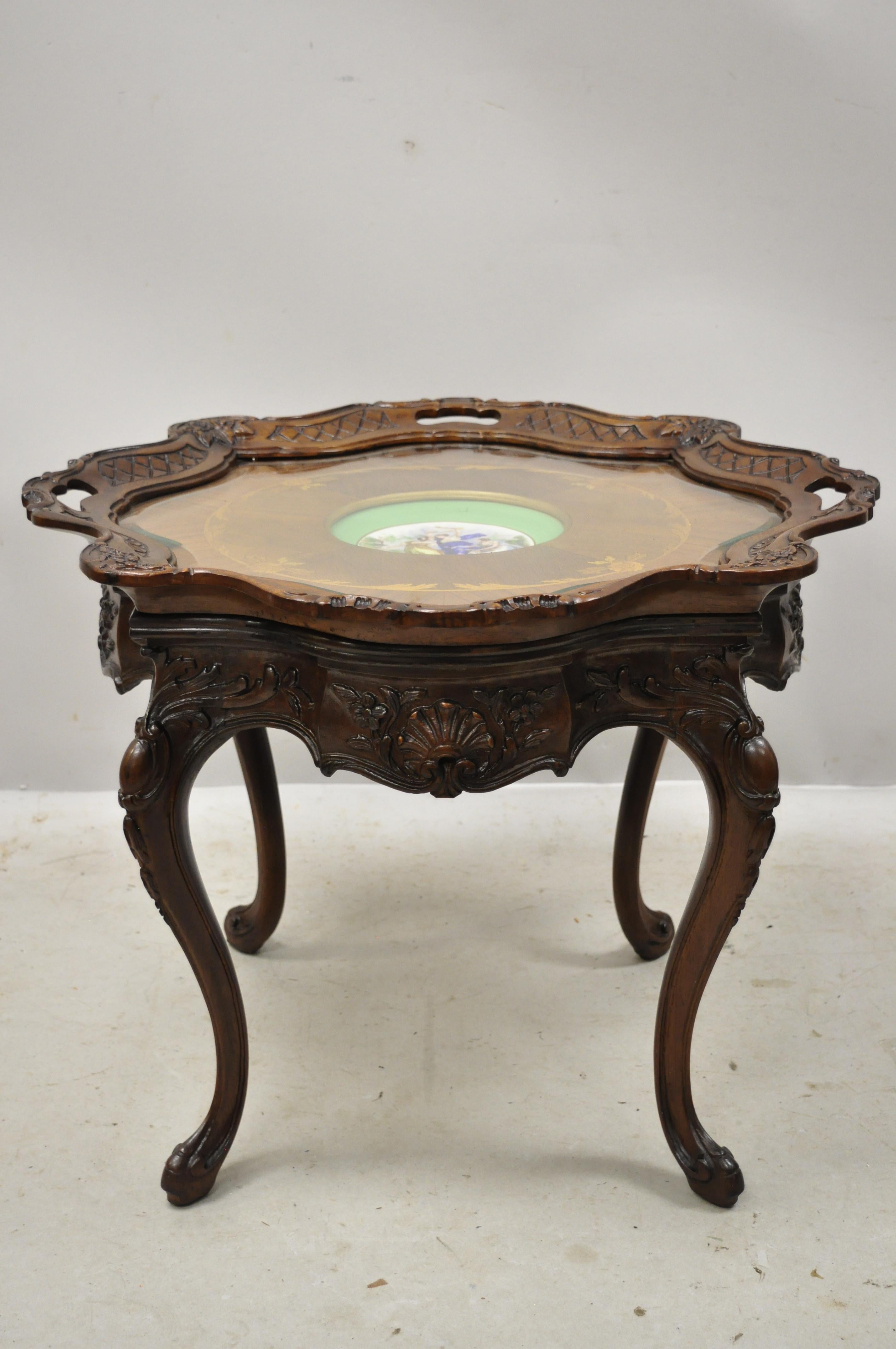 French Louis XV Inlaid Coffee Table with French Angelica Kauffman Porcelain Dish For Sale 6