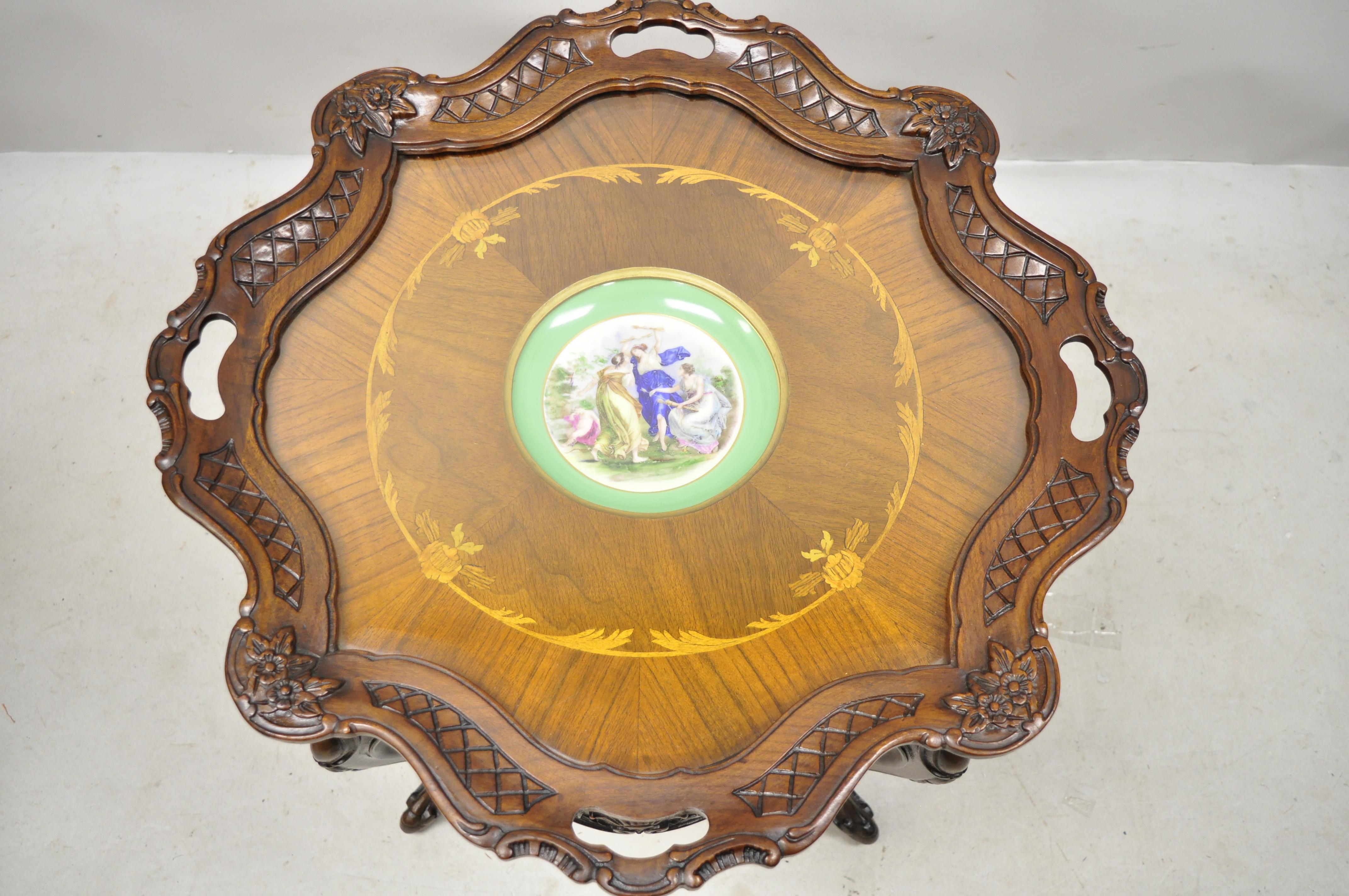 Antique French Louis XV style satinwood inlay serving tray top coffee side table with French green porcelain dish center signed by Angelica Kauffman. Item features Artist-signed porcelain painted dish to center (circa 1890s) by Angelica Kauffman a