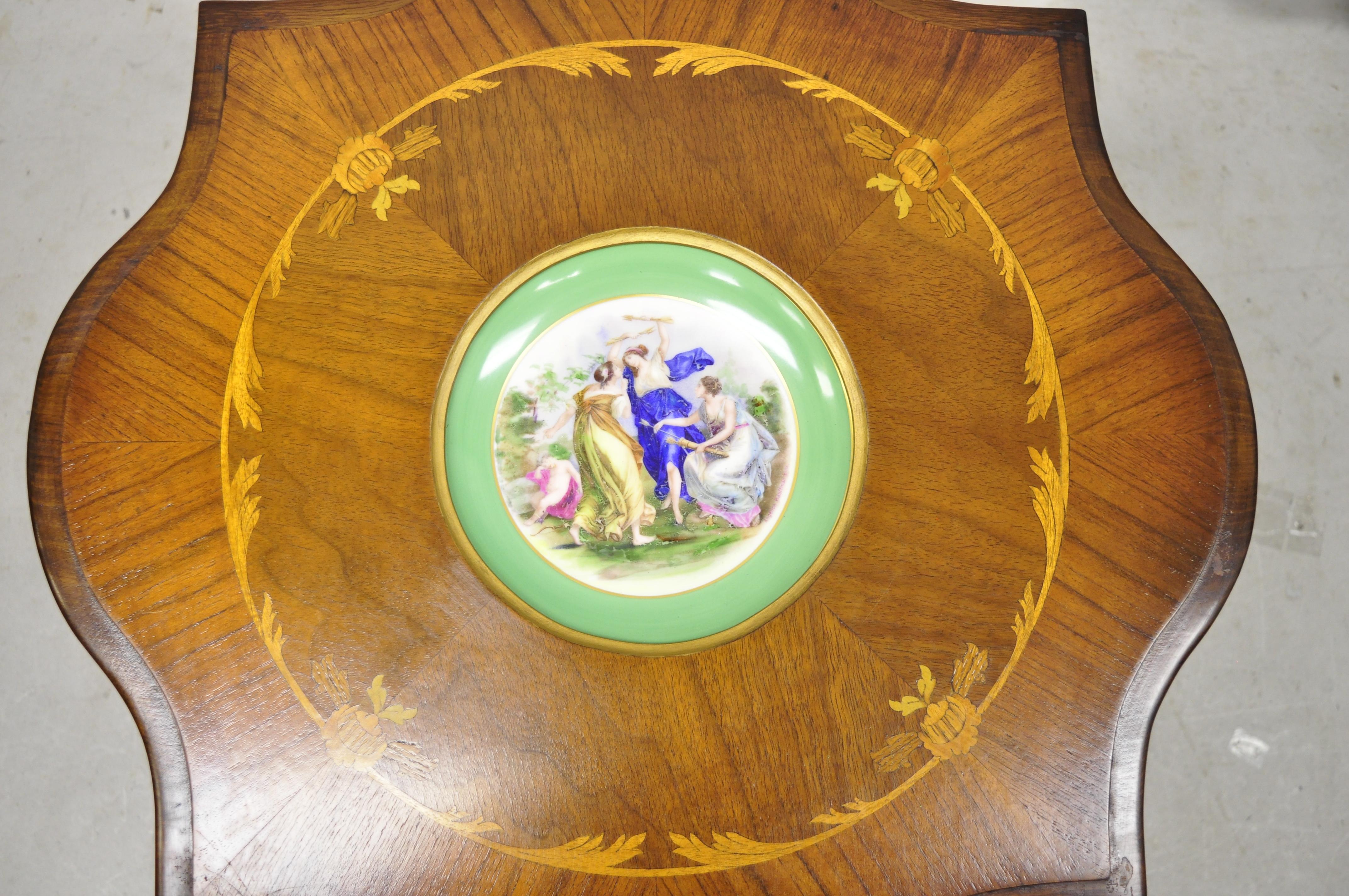 20th Century French Louis XV Inlaid Coffee Table with French Angelica Kauffman Porcelain Dish For Sale