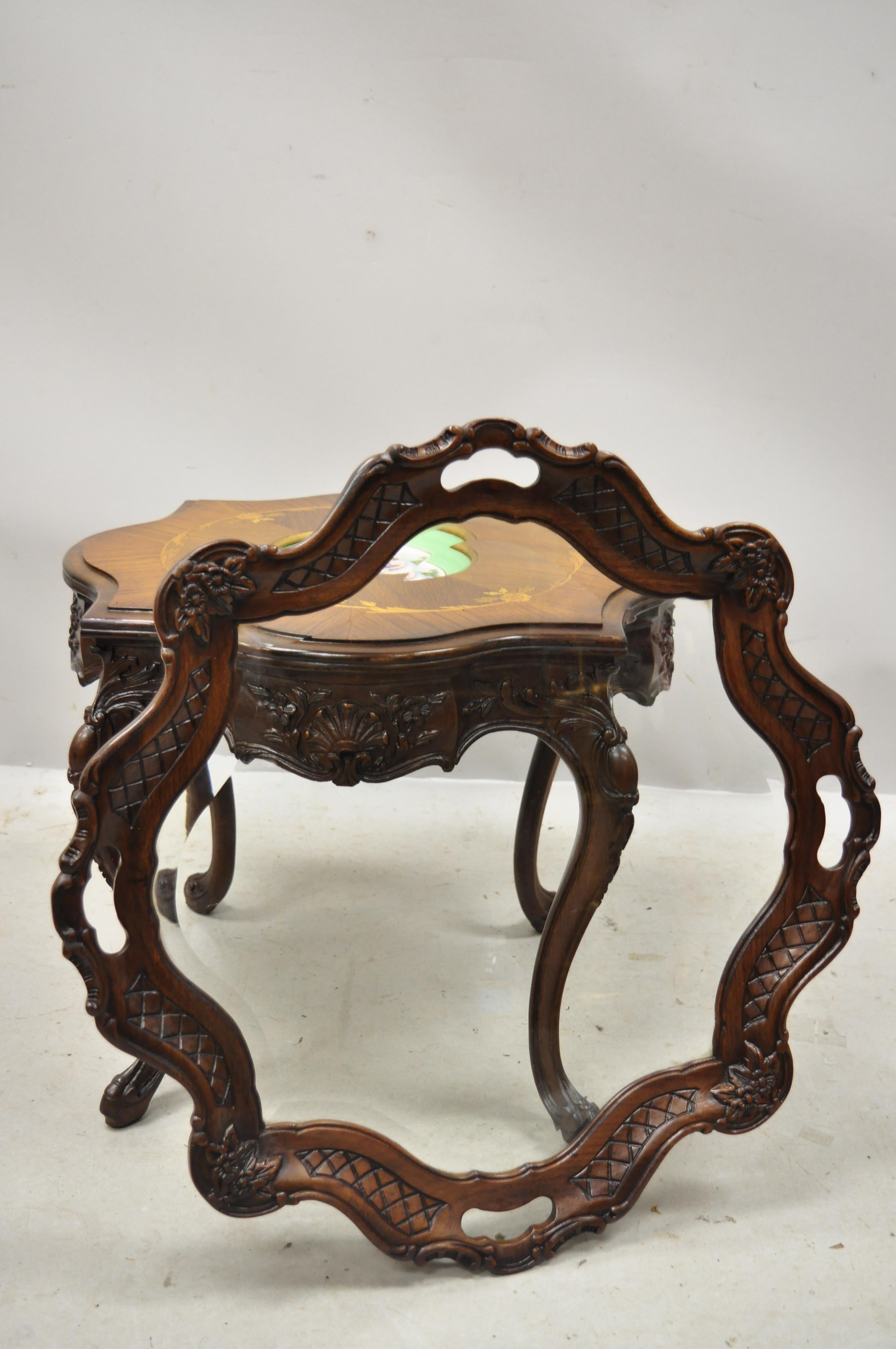 French Louis XV Inlaid Coffee Table with French Angelica Kauffman Porcelain Dish For Sale 1