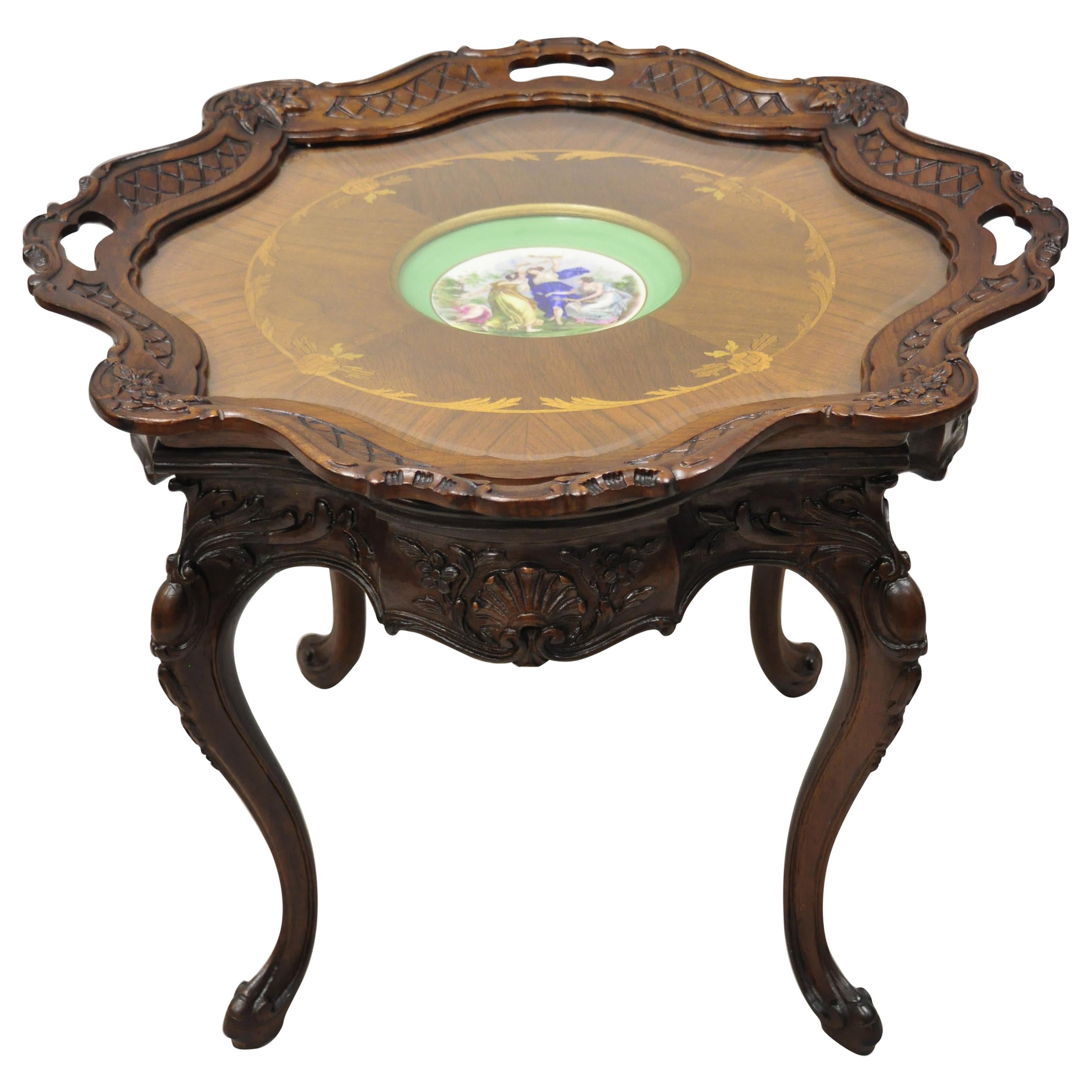 French Louis XV Inlaid Coffee Table with French Angelica Kauffman Porcelain Dish For Sale