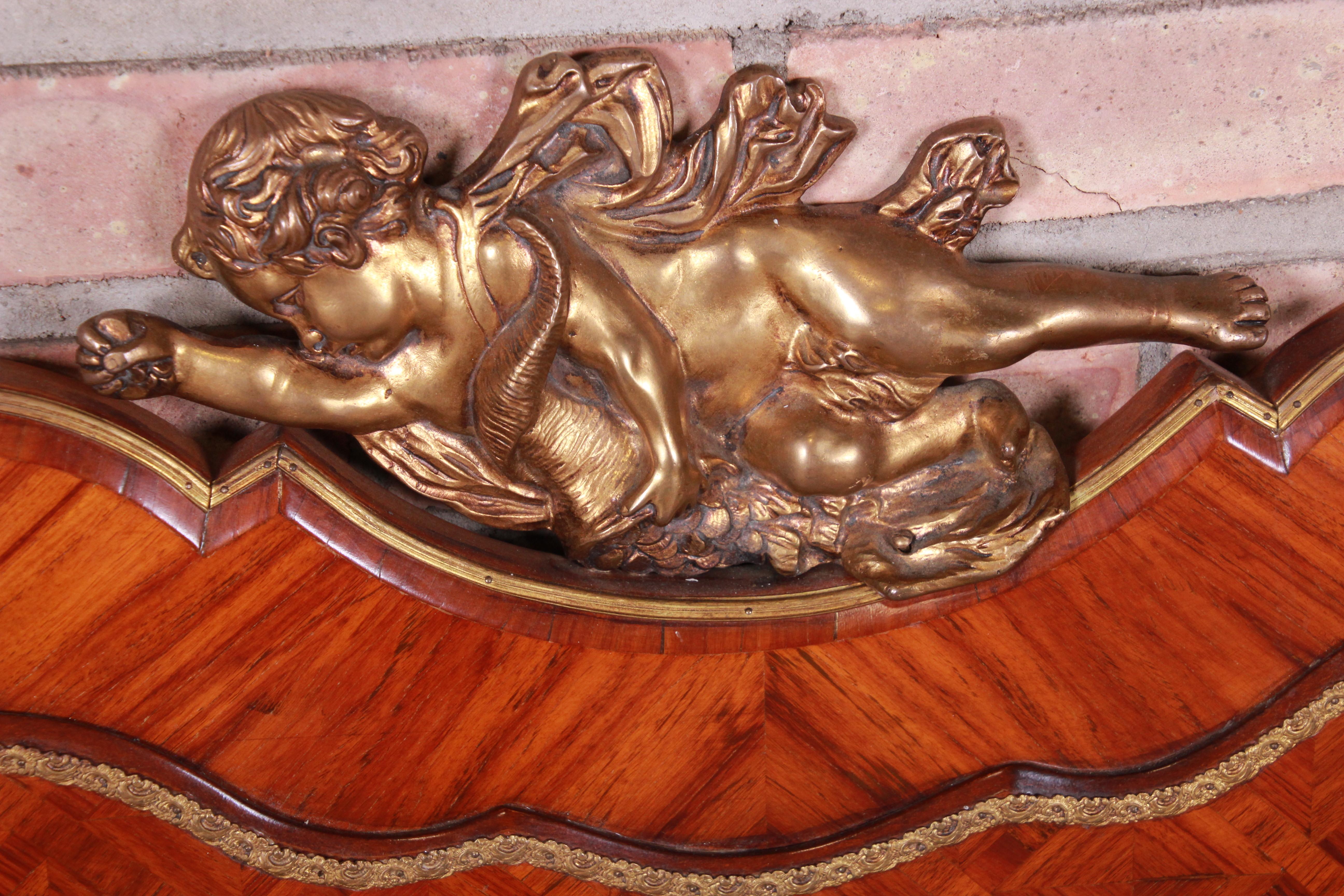 French Louis XV Inlaid Mahogany and Bronze Ormolu Queen Headboard, circa 1920s In Good Condition In South Bend, IN