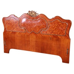 Antique French Louis XV Inlaid Mahogany and Bronze Ormolu Queen Headboard, circa 1920s