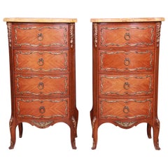 French Louis XV Inlaid Mahogany Four-Drawer Nightstands, Pair