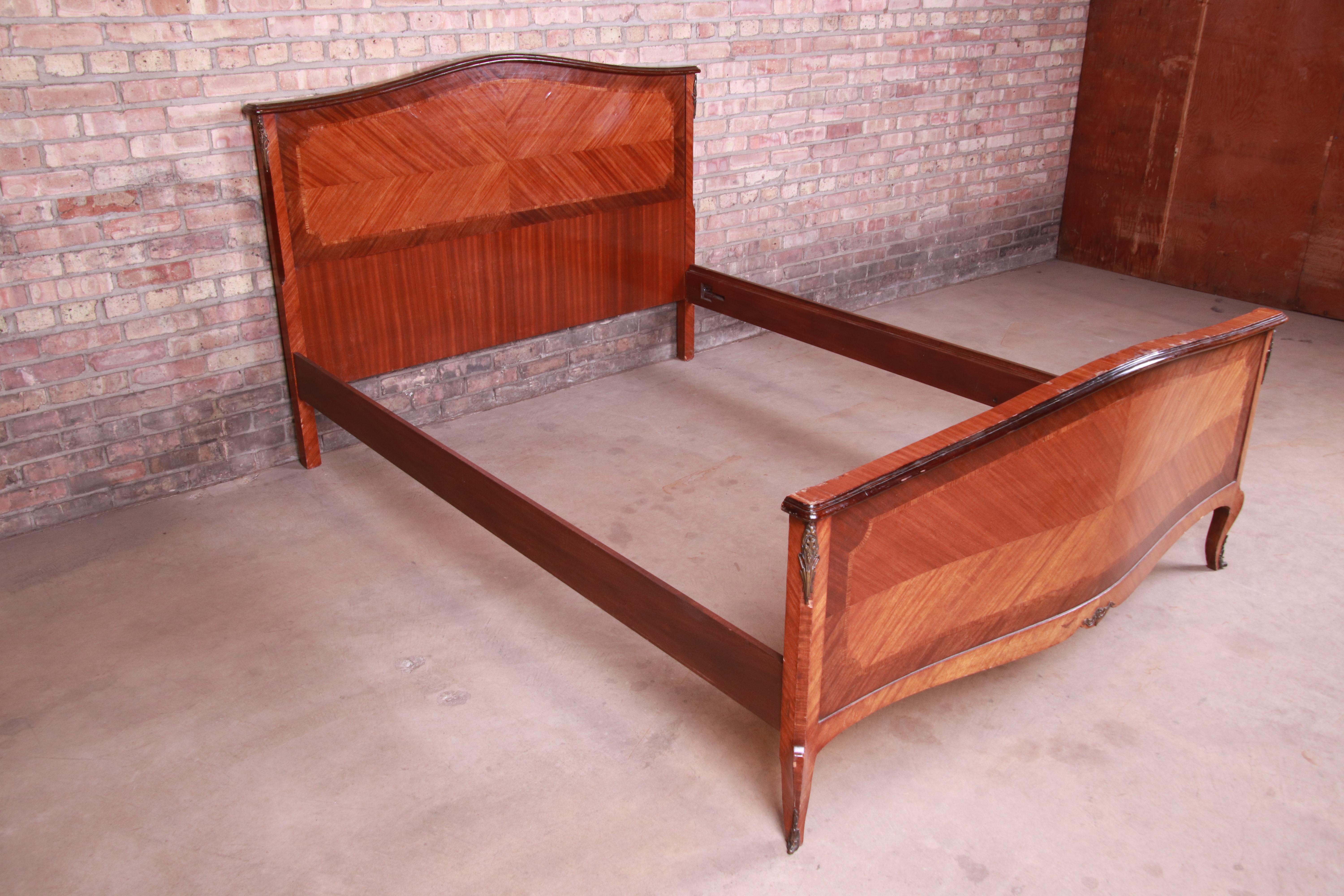 French Louis XV Inlaid Mahogany Queen Size Bed In Good Condition In South Bend, IN