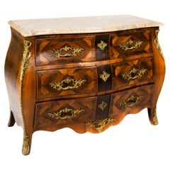 French Louis XV Inlaid Marble-Top Bombe Commode Chest, 19th Century