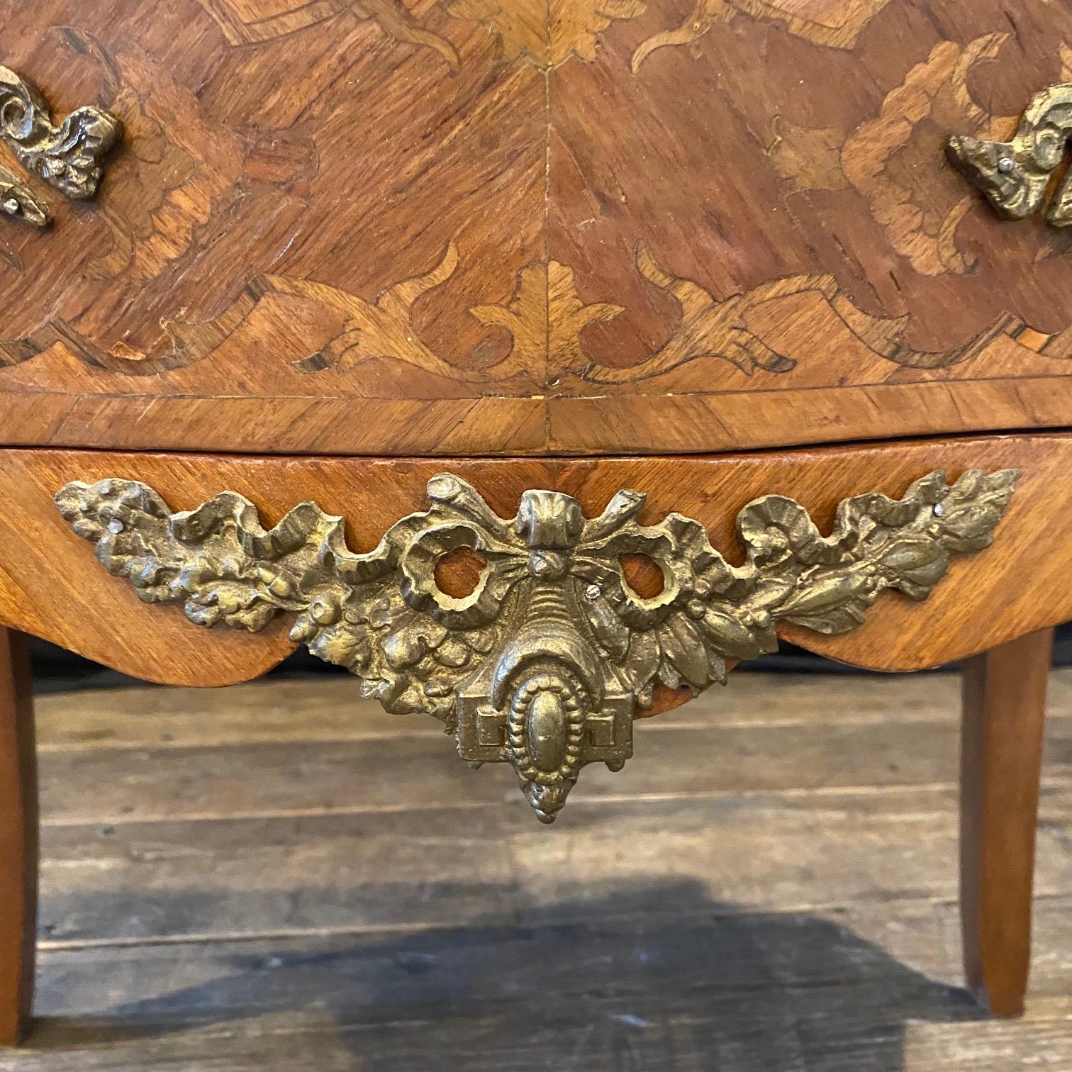Bronze French Louis XV Inlaid Walnut and Fruitwood Petite Commode Night Stand For Sale