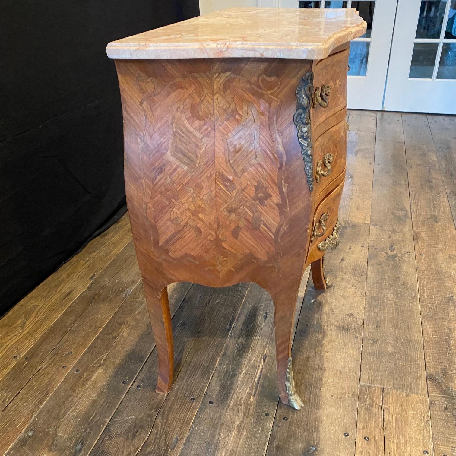 French Louis XV Inlaid Walnut and Fruitwood Petite Commode Night Stand For Sale 2